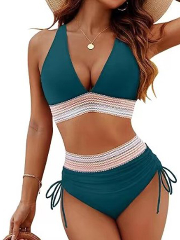 High waist two piece V neck tie bikini swimwear