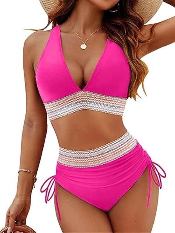 High waist two piece V neck tie bikini swimwear