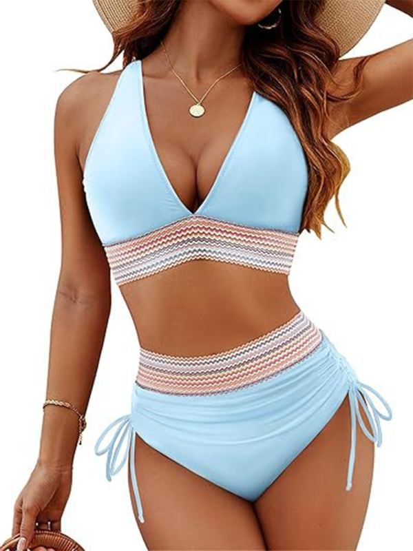 High waist two piece V neck tie bikini swimwear