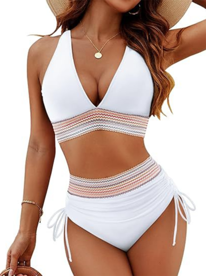 High waist two piece V neck tie bikini swimwear