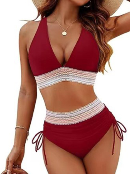 High waist two piece V neck tie bikini swimwear