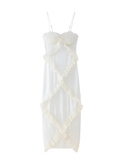 Pleated ruffled suspender dress with slits-chiquechics