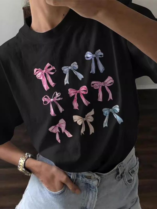 Bowknot Printed Round Neck T-shirt Loose and Versatile Round Neck Short Sleeves-chiquechics