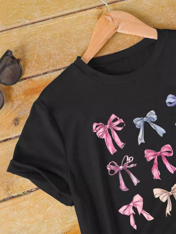 Bowknot Printed Round Neck T-shirt Loose and Versatile Round Neck Short Sleeves-chiquechics