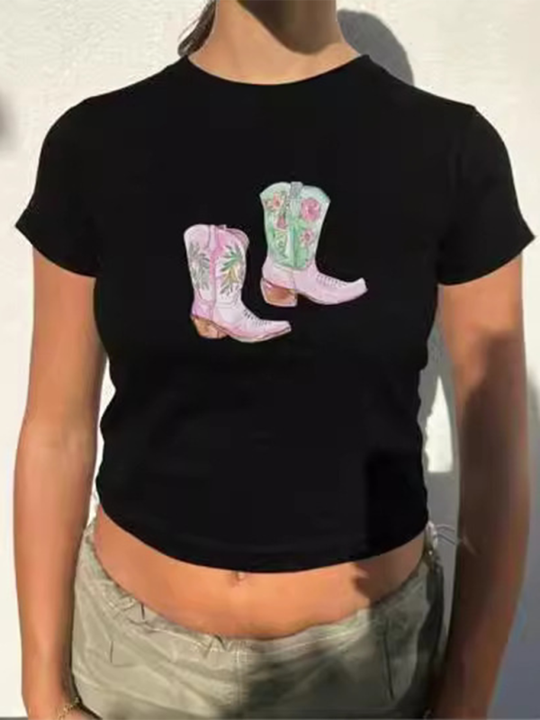Y2K Boots Print Short Fashion Hot Girls T-Shirt-chiquechics
