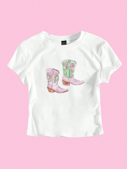 Y2K Boots Print Short Fashion Hot Girls T-Shirt-chiquechics