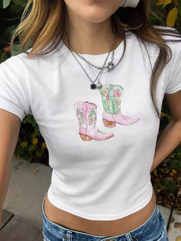 Y2K Boots Print Short Fashion Hot Girls T-Shirt-chiquechics
