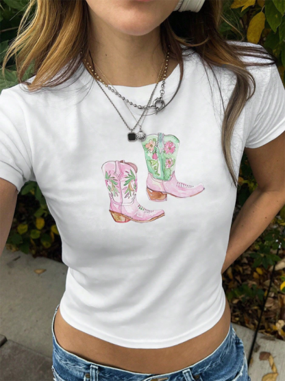 Y2K Boots Print Short Fashion Hot Girls T-Shirt-chiquechics