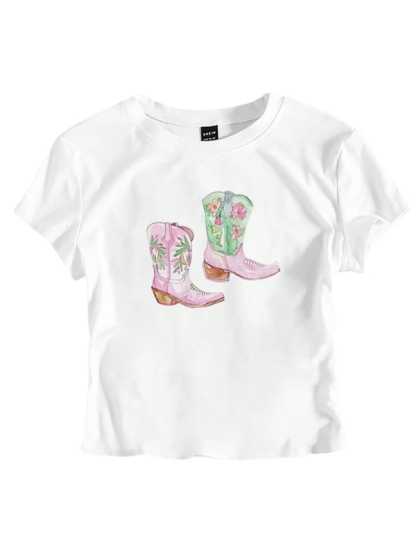 Y2K Boots Print Short Fashion Hot Girls T-Shirt-chiquechics