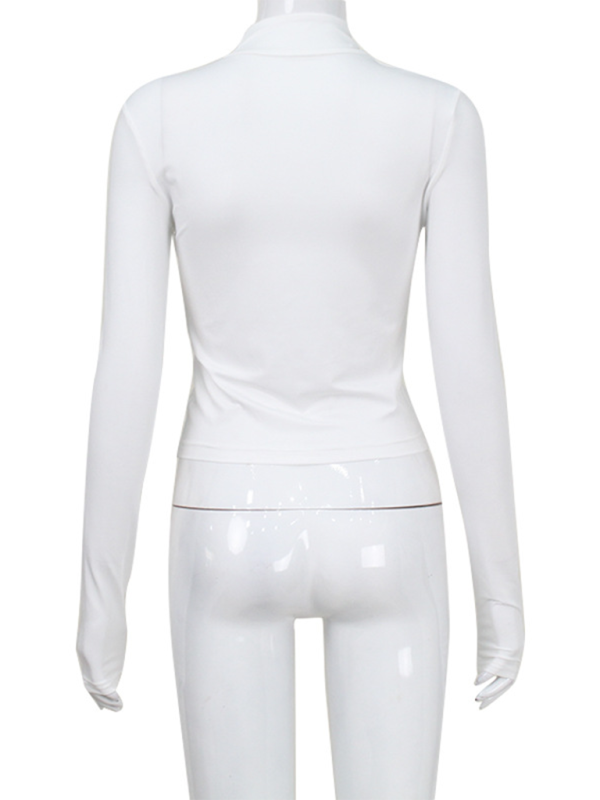 Zipper slim fit navel-baring sexy cool hot breast-beautifying trendy thin long sleeves Tops T-shirt-chiquechics