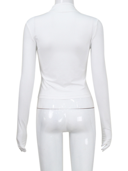 Zipper slim fit navel-baring sexy cool hot breast-beautifying trendy thin long sleeves Tops T-shirt-chiquechics