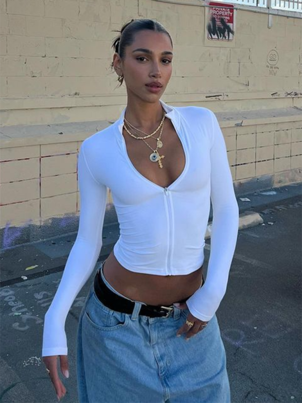 Zipper slim fit navel-baring sexy cool hot breast-beautifying trendy thin long sleeves Tops T-shirt-chiquechics