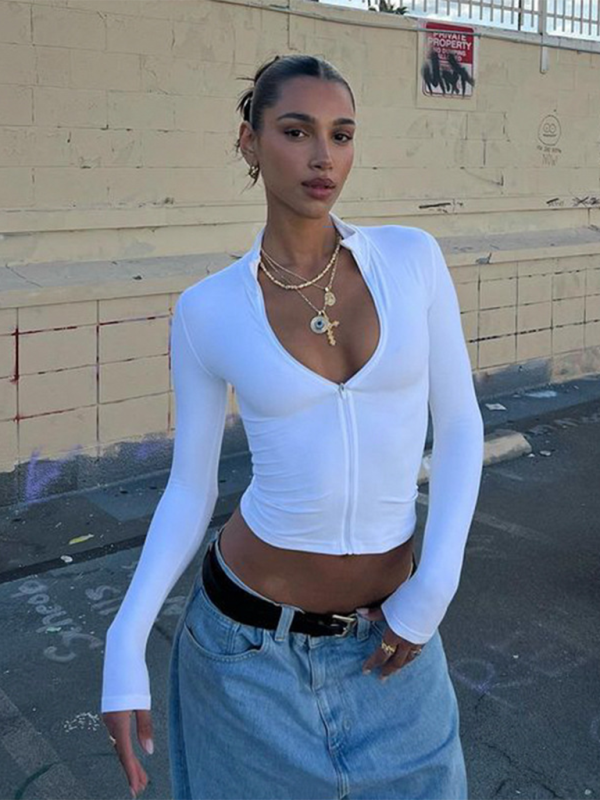 Zipper slim fit navel-baring sexy cool hot breast-beautifying trendy thin long sleeves Tops T-shirt-chiquechics