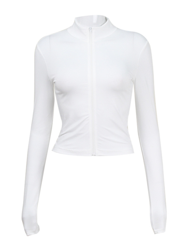 Zipper slim fit navel-baring sexy cool hot breast-beautifying trendy thin long sleeves Tops T-shirt-chiquechics