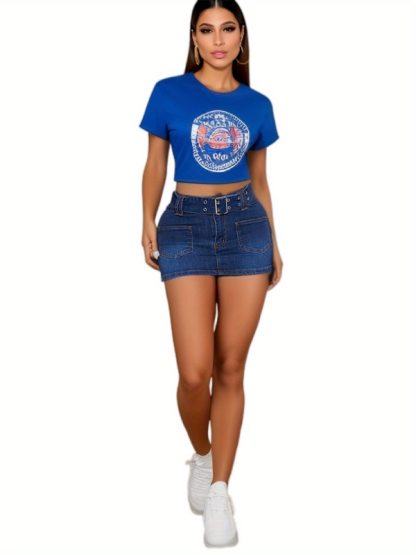 New Stretch Denim Skirt Short Skirt with Belt-chiquechics