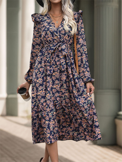 Ruffled long sleeve printed v-neck dress-chiquechics