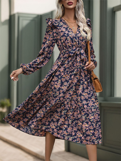 Ruffled long sleeve printed v-neck dress-chiquechics