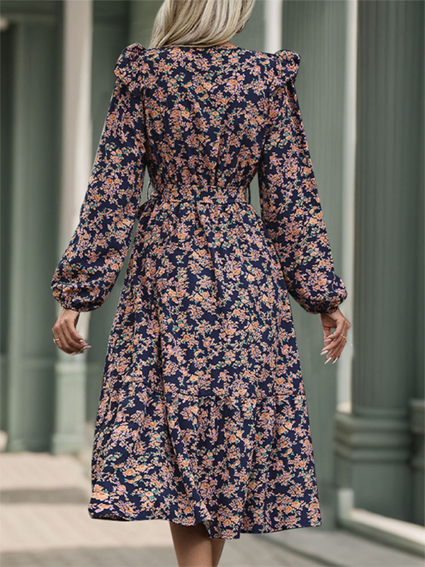 Ruffled long sleeve printed v-neck dress-chiquechics