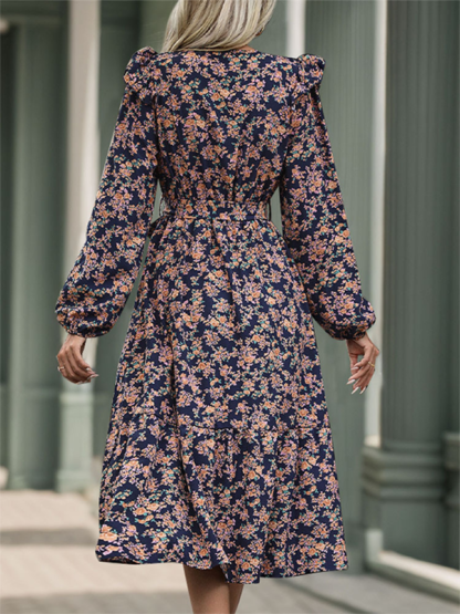 Ruffled long sleeve printed v-neck dress-chiquechics