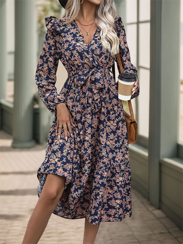 Ruffled long sleeve printed v-neck dress-chiquechics