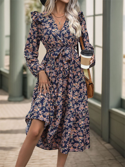 Ruffled long sleeve printed v-neck dress-chiquechics