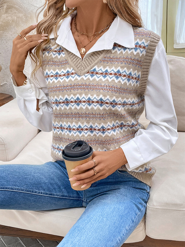 Ethnic style jacquard knitted vest-chiquechics