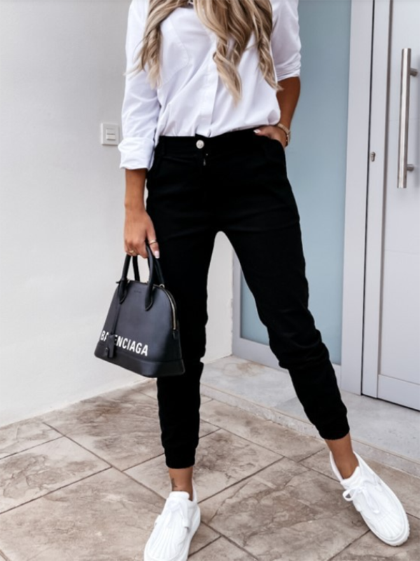 Double oblique washed cotton fabric pocket slim fit fashion casual nine-point pants-chiquechics