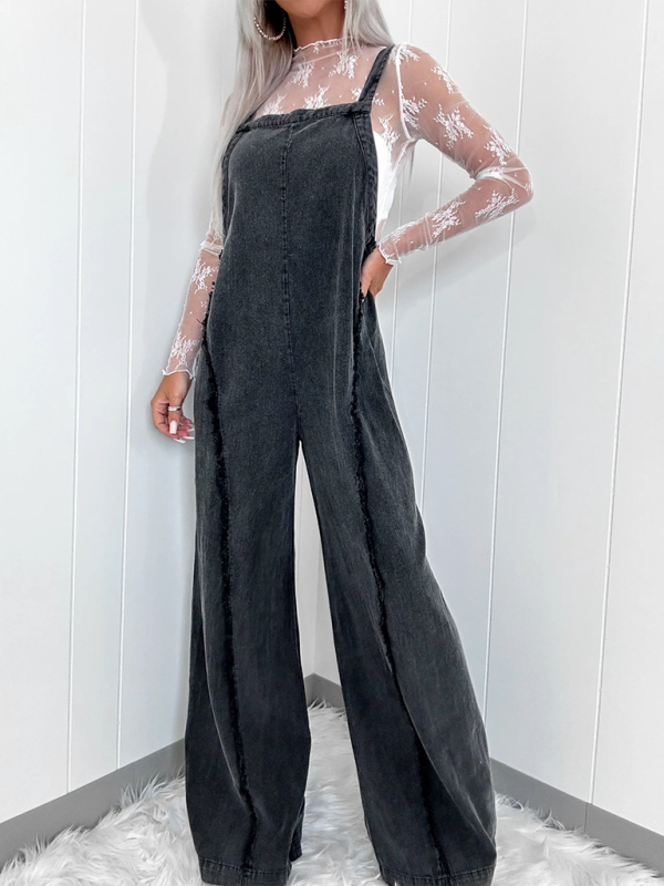 Vintage washed raw edge wide leg jumpsuit loose overalls-chiquechics