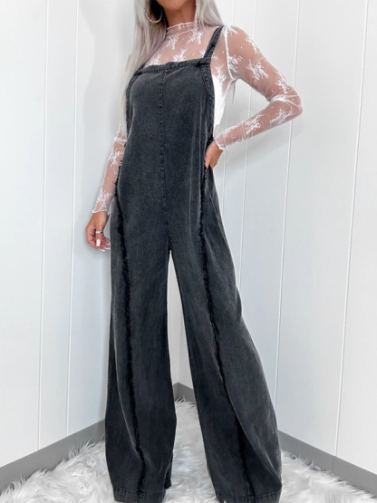 Vintage washed raw edge wide leg jumpsuit loose overalls-chiquechics