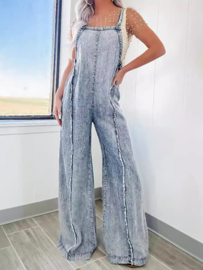 Vintage washed raw edge wide leg jumpsuit loose overalls-chiquechics