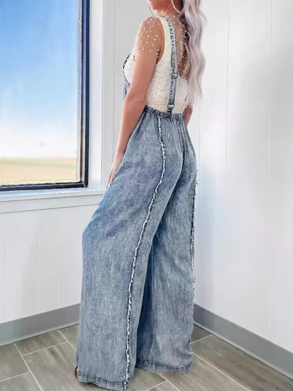 Vintage washed raw edge wide leg jumpsuit loose overalls-chiquechics