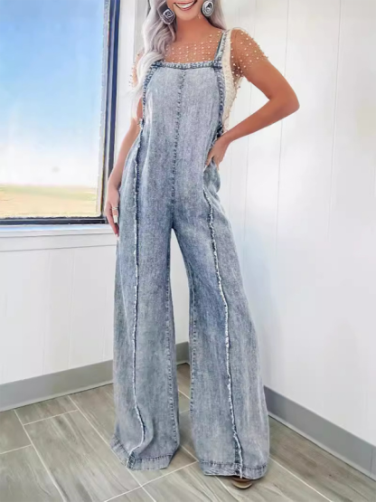 Vintage washed raw edge wide leg jumpsuit loose overalls-chiquechics