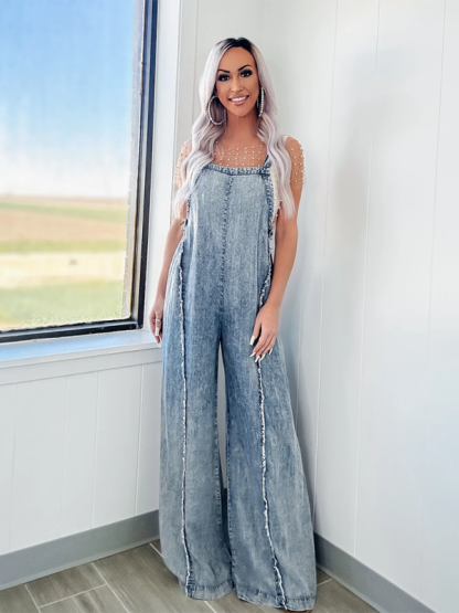 Vintage washed raw edge wide leg jumpsuit loose overalls-chiquechics