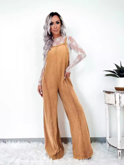 Vintage washed raw edge wide leg jumpsuit loose overalls-chiquechics