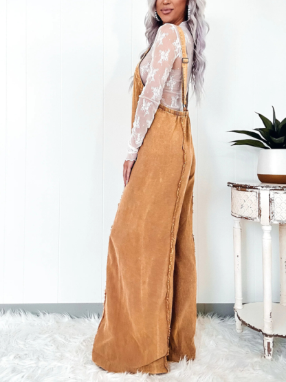 Vintage washed raw edge wide leg jumpsuit loose overalls-chiquechics