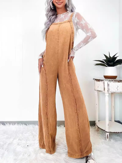 Vintage washed raw edge wide leg jumpsuit loose overalls-chiquechics