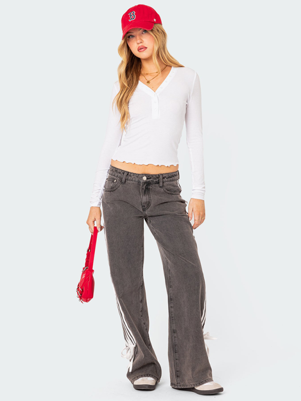 Fashion loose side drawstring wide-leg women's jeans-chiquechics