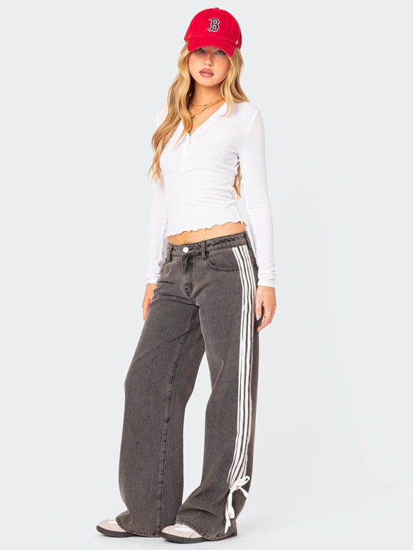 Fashion loose side drawstring wide-leg women's jeans-chiquechics