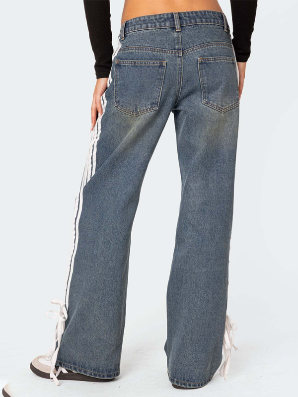 Fashion loose side drawstring wide-leg women's jeans-chiquechics