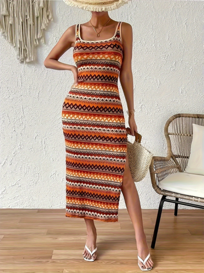 Personalized street fashion casual striped sleeveless square neck dress-chiquechics