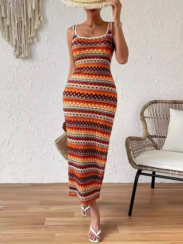 Personalized street fashion casual striped sleeveless square neck dress-chiquechics