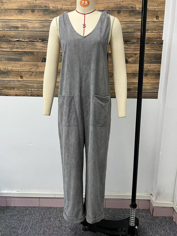 New solid color V-neck sleeveless casual loose straight wide-leg jumpsuit-chiquechics
