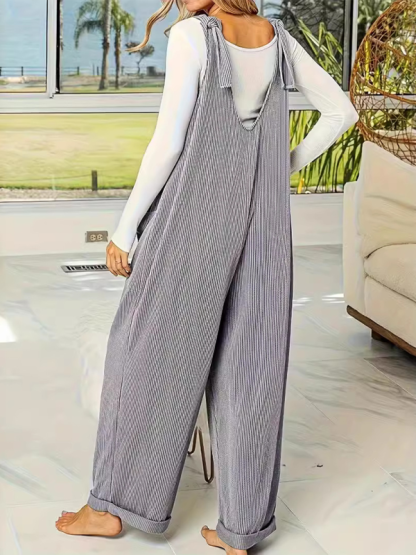 New solid color V-neck sleeveless casual loose straight wide-leg jumpsuit-chiquechics