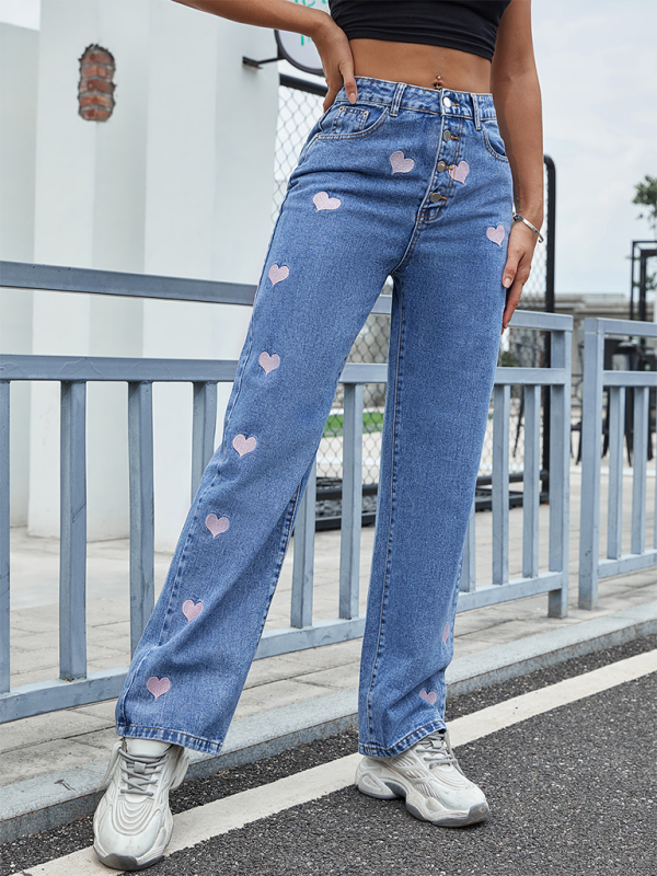 Fashion Love Heart Embroidery Casual High Waist Straight Jeans Trousers-chiquechics