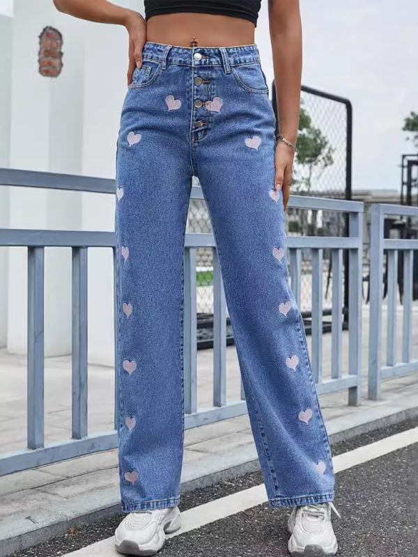 Fashion Love Heart Embroidery Casual High Waist Straight Jeans Trousers-chiquechics
