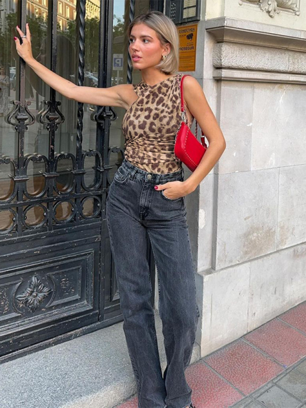 New Asymmetric Pleated Leopard-Print Tulle Bodysuit-chiquechics