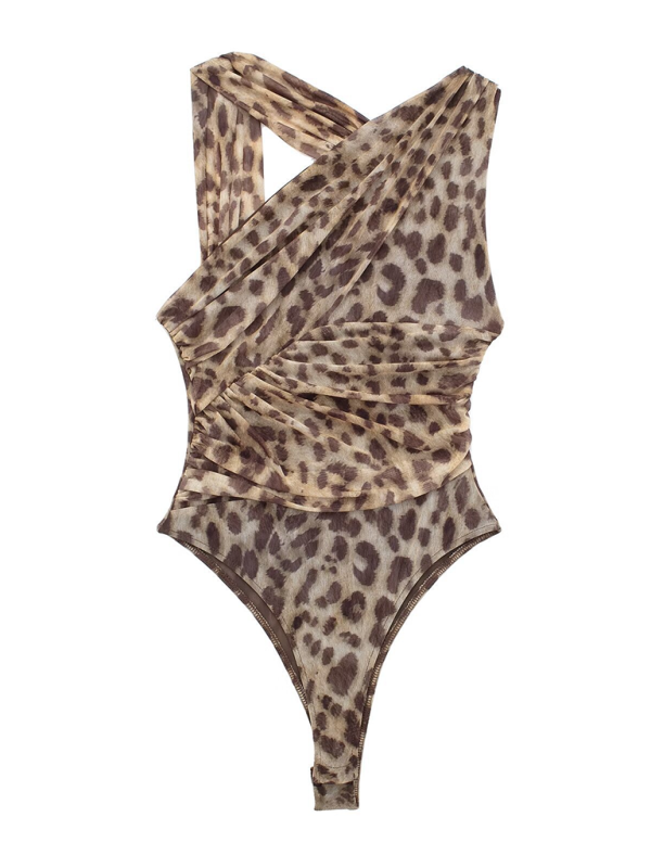 New Asymmetric Pleated Leopard-Print Tulle Bodysuit-chiquechics