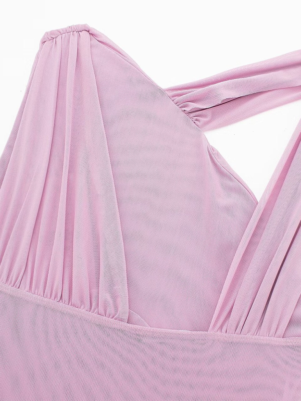 New Asymmetric Pleated Leopard-Print Tulle Bodysuit-chiquechics