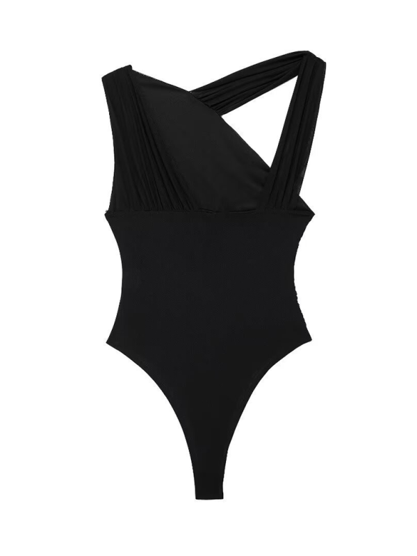 New asymmetric pleated tulle bodysuit-chiquechics