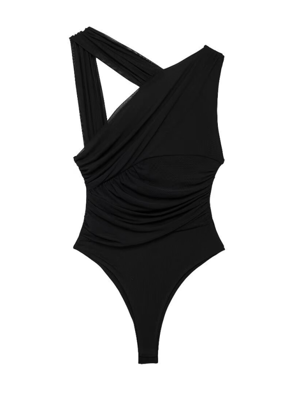 New asymmetric pleated tulle bodysuit-chiquechics